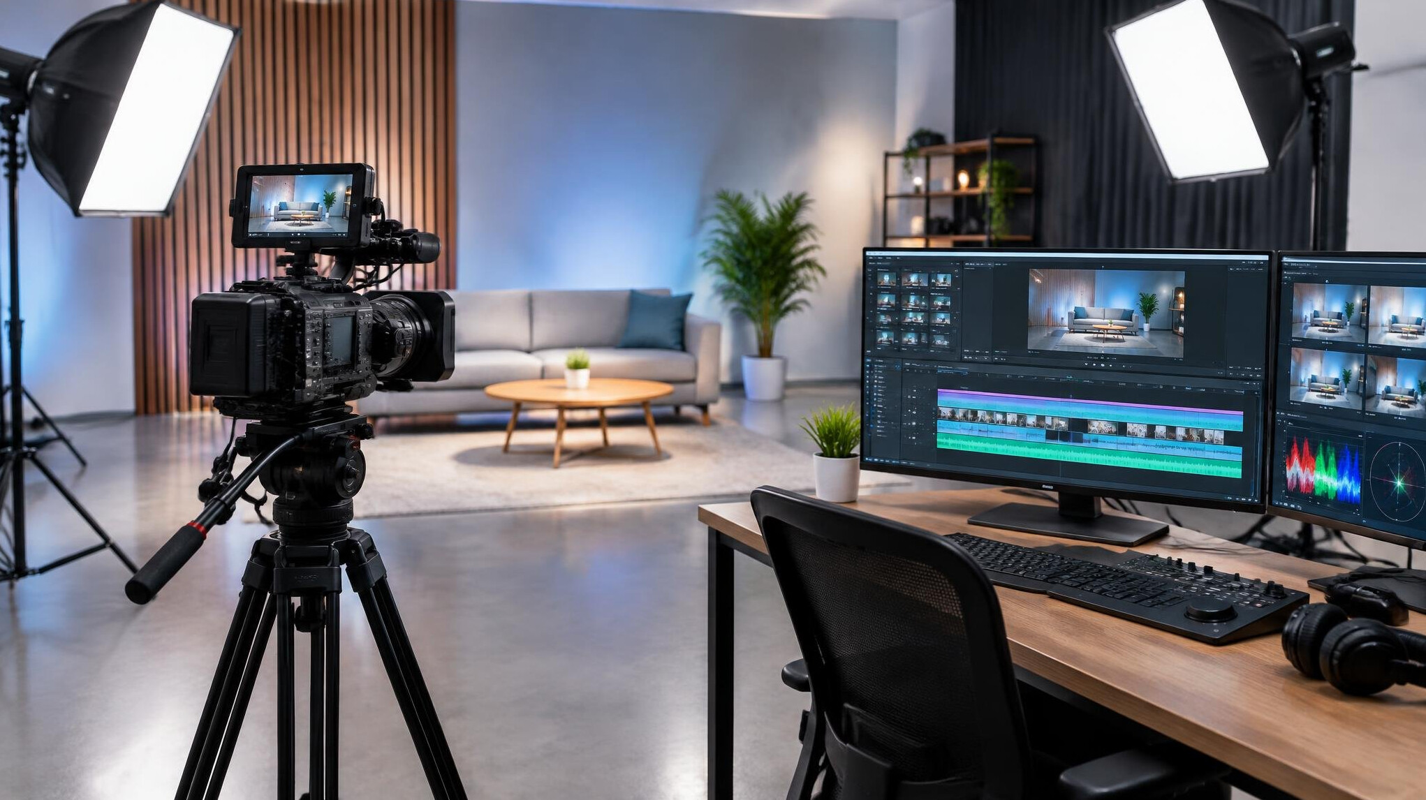 Video production studio with camera and monitors