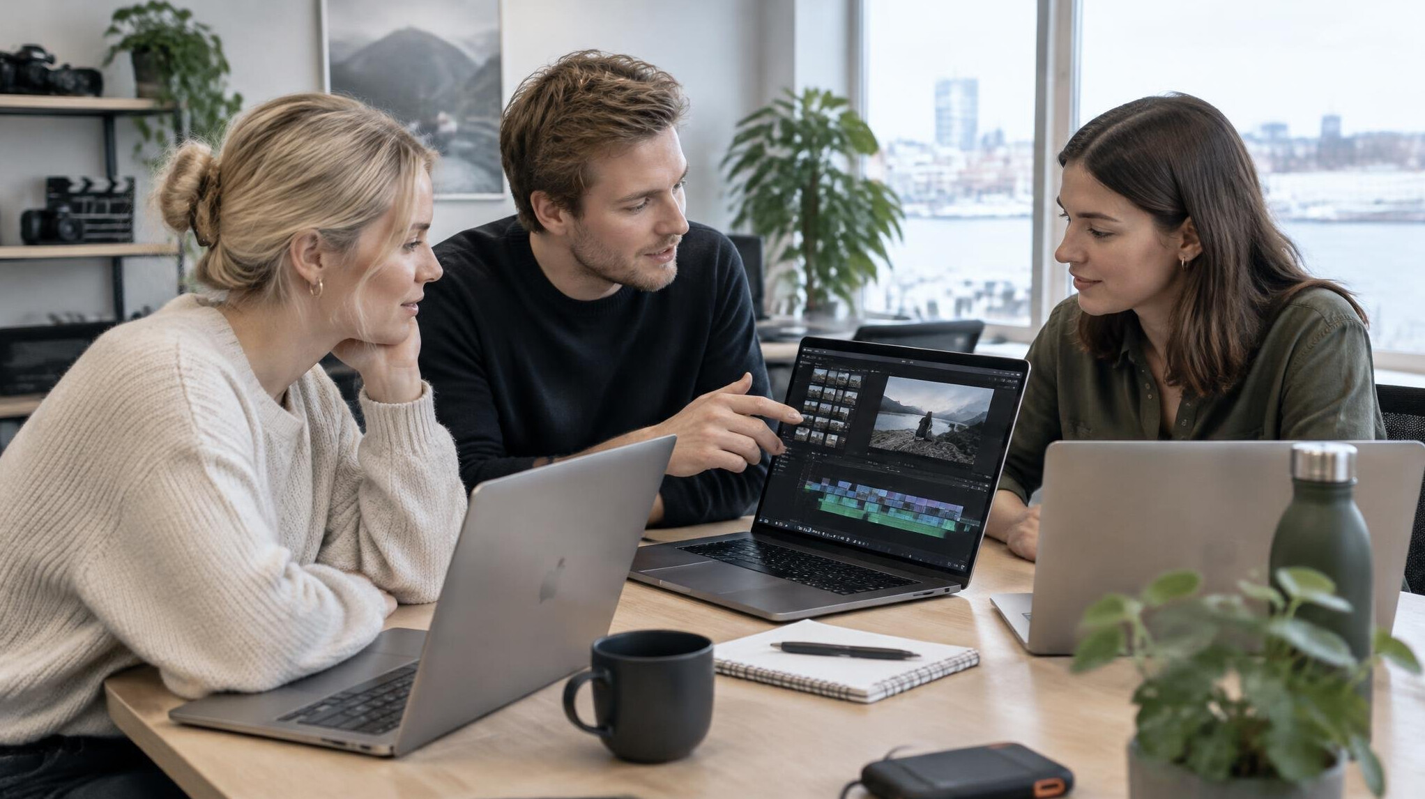Team reviewing a media workflow on laptops