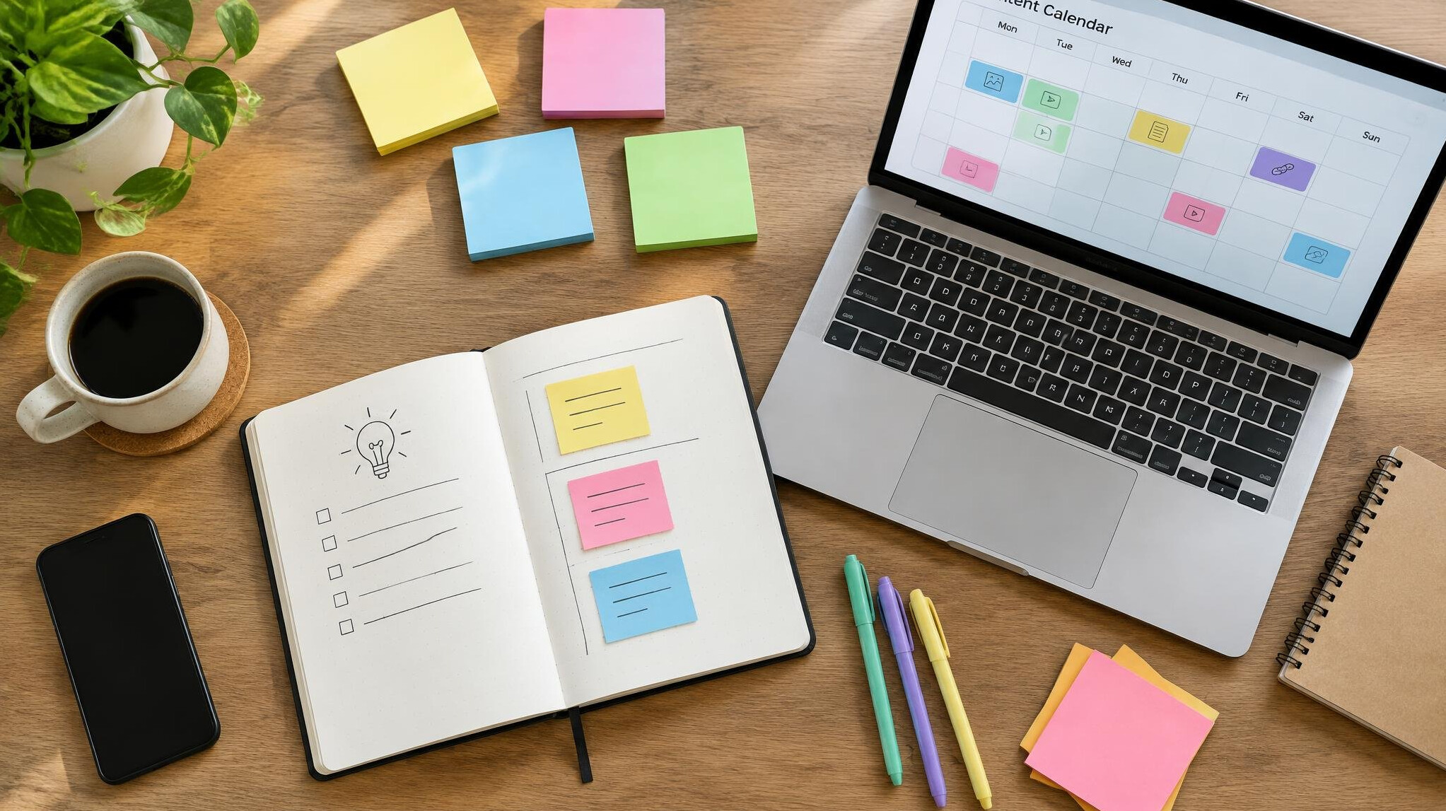 Editorial planning notebook and sticky notes on a desk
