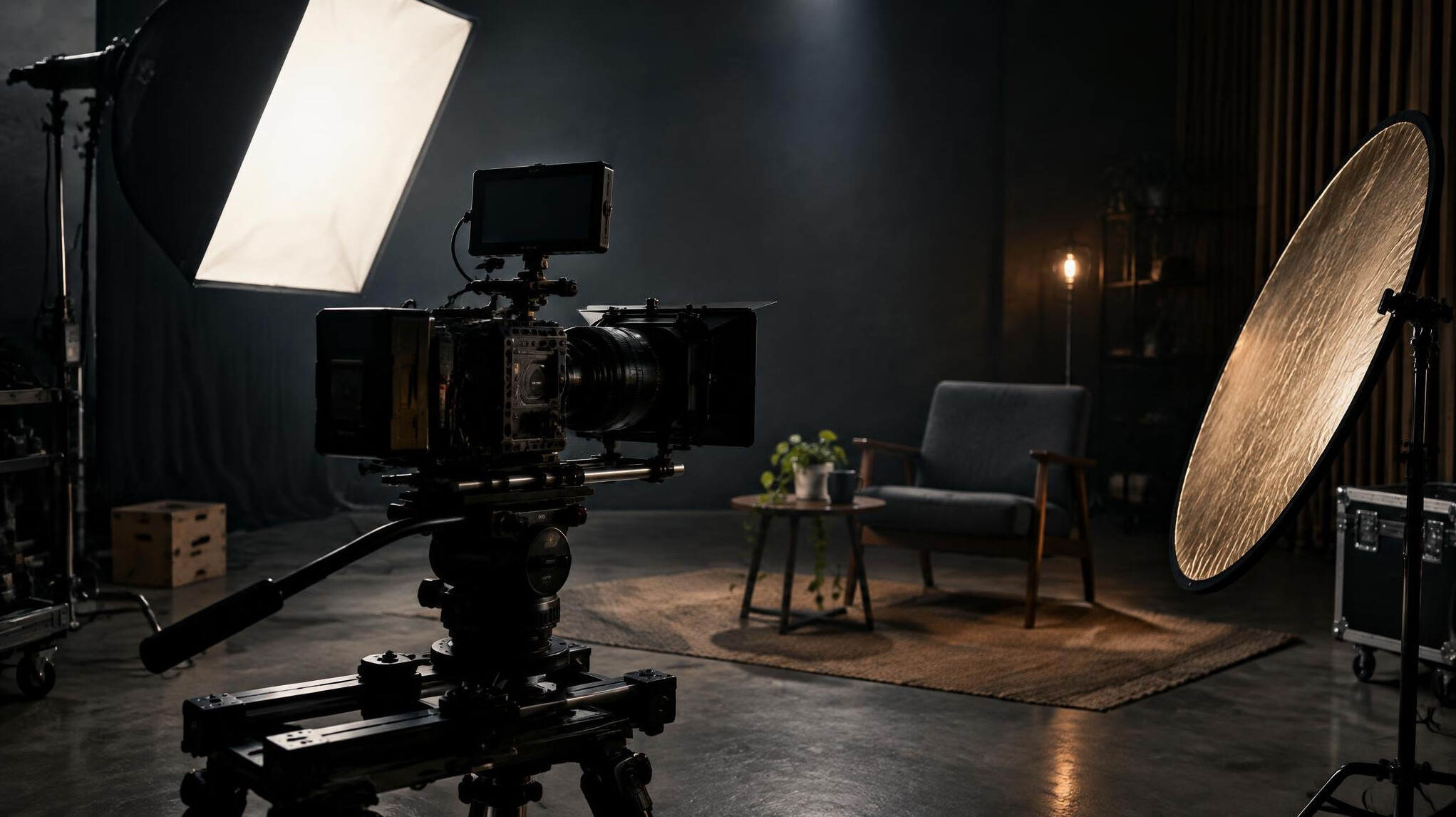 Cinema camera with lighting setup on set